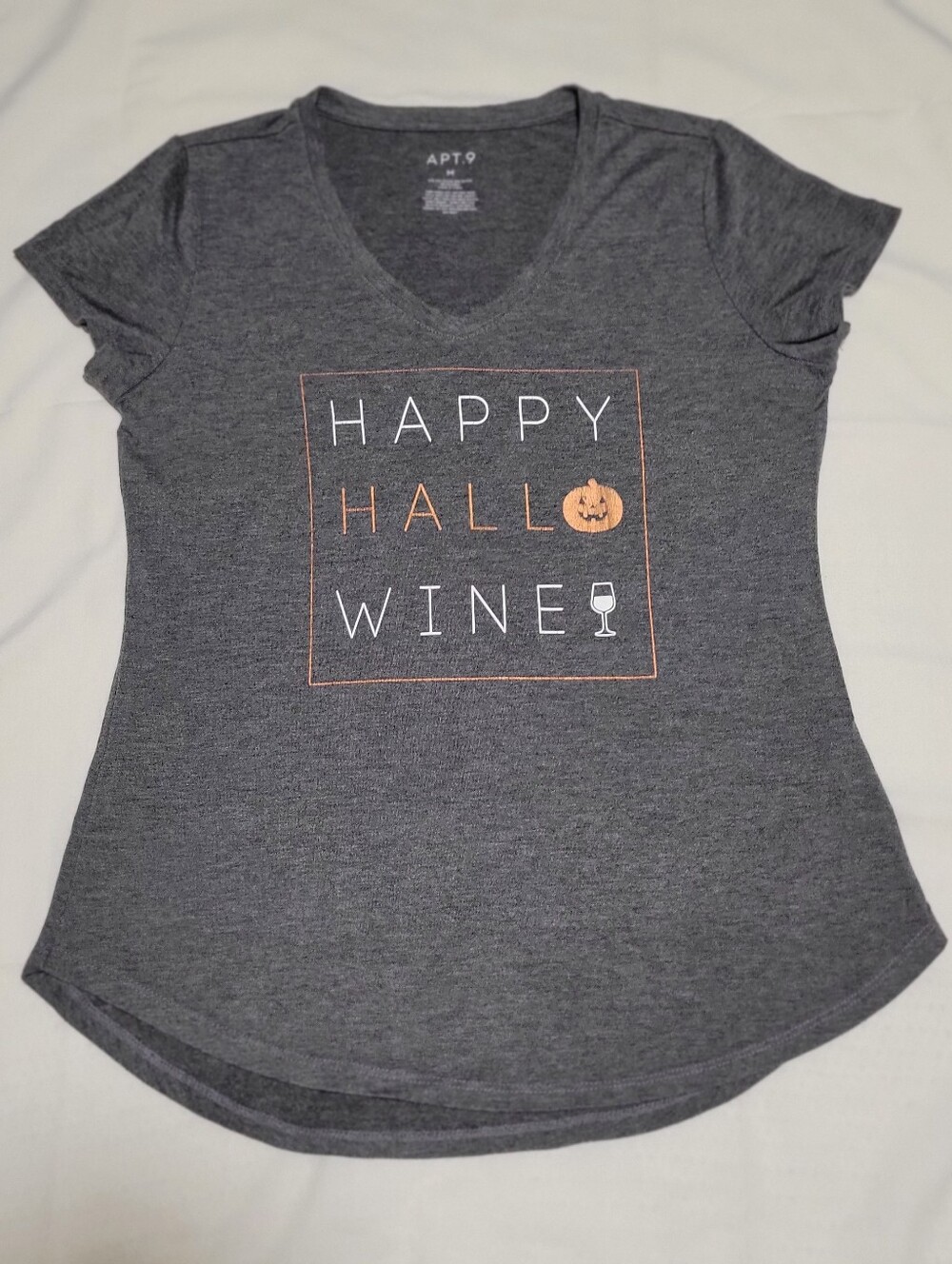 Apt. 9 Gray V-Neck 'Happy Hallowine' Graphic Tee with Orange Accents